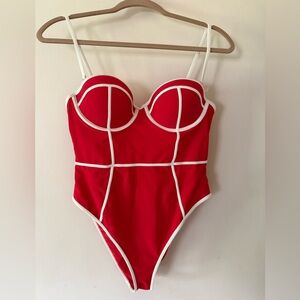 Vibrant Red One-Piece Swimsuit with White Trimming - L NWT